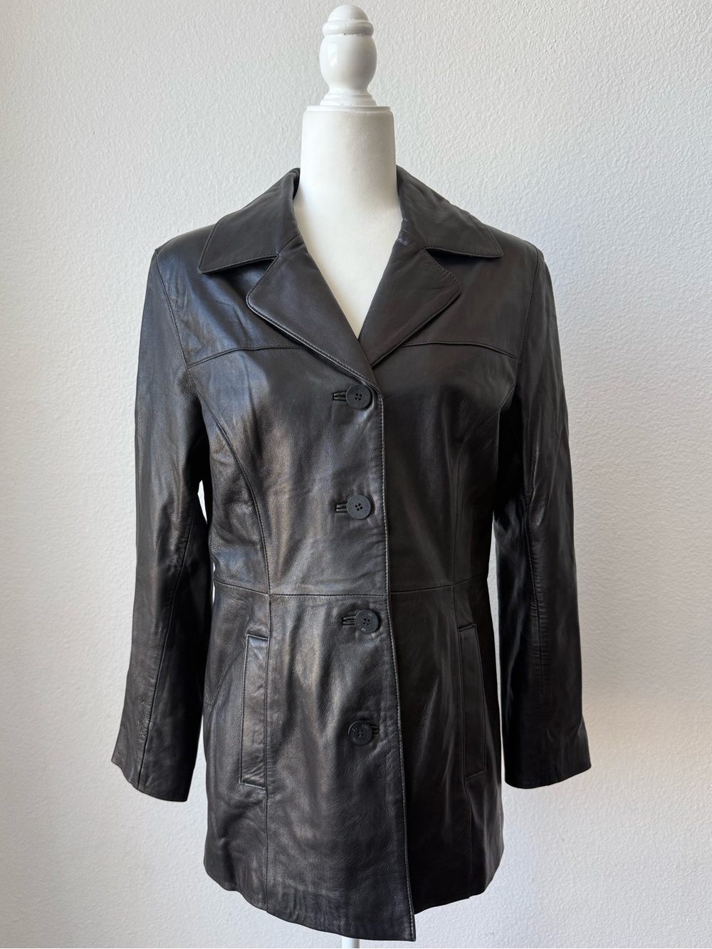 Nine West Genuine Black Leather Trench Blazer Jacket Coat
